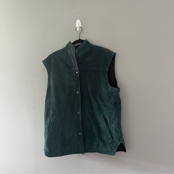 Vintage reversible vest snap button front green suede size large - Picture 1 of 8